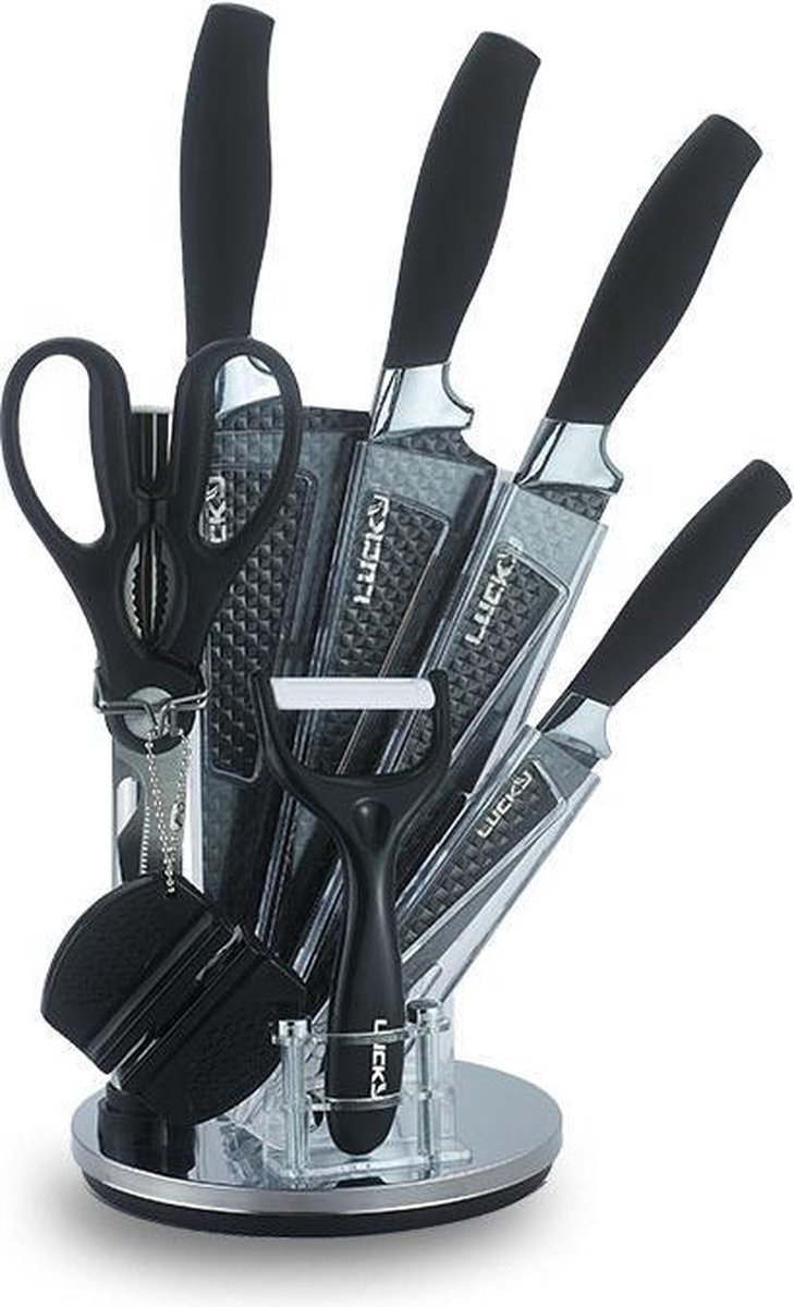 Messensets 8 Delig - Professionele messen - Anti-stick Blade - Diamond Embossing - Vaatwasserbestendig - Staal - Zwart