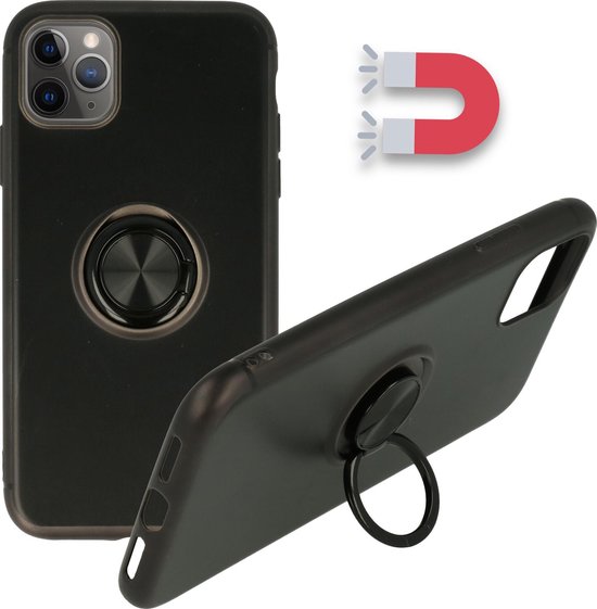 HB Hoesje Geschikt voor Apple iPhone 12 Pro Max Zwart - Siliconen Back Cover met Ring Kickstand - Geschikt voor Magneet Houders