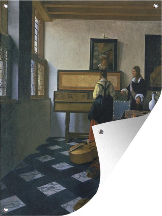 Tuinschilderij De muziekles - Johannes Vermeer - 60x80 cm - Tuinposter - Tuindoek - Buitenposter