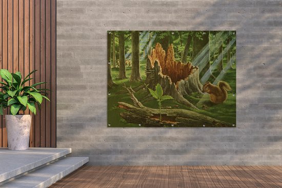 Une illustration d'un écureuil à côté d'une souche d'arbre affiche de jardin 160x120 cm - Toile de jardin / Toile d'extérieur / Peintures d'extérieur (décoration de jardin) XXL / Groot format!