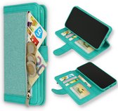 HB Hoesje Geschikt voor Apple iPhone 11 Pro Turquoise - Luxe Glitter Portemonnee Book Case met Rits