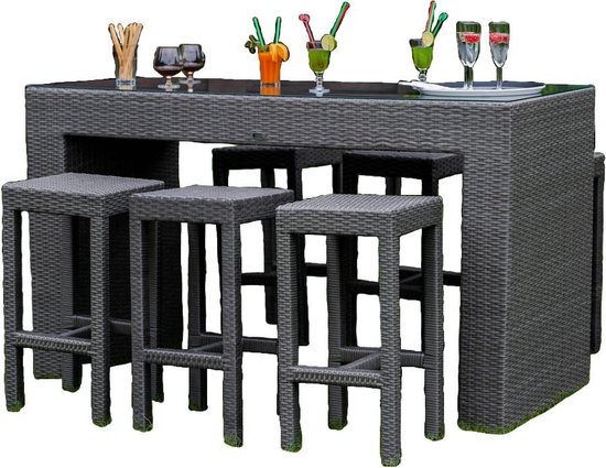 Set table de bar Extérieur / Jardin + Chaises de bar - Salon de Jardin -  Grijs - Osier... | bol