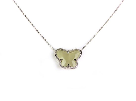 korte zilveren halsketting halssnoer collier gerhodineerd Model Vlinder met parelmoerkleurige steen