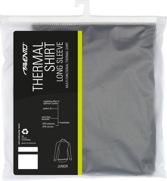 Verpakking van een zwart kinder thermoshirt met lange mouwen, met details over materiaal en pasvorm.