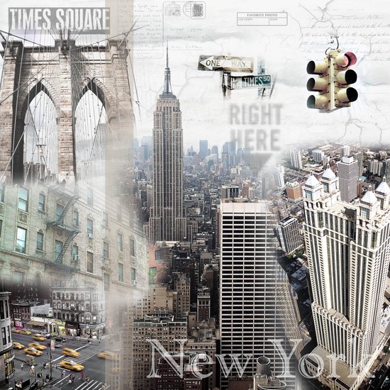 Tuinposter - Stad /  New-York - Collage in beige / wit / zwart / creme - 120 x 120 cm.