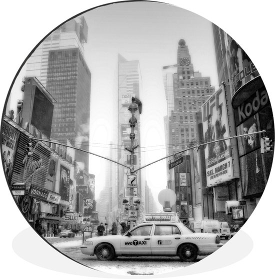 WallCircle - Wandcirkel - Muurcirkel - Taxi in New-York -zwart-wit - Aluminium - Dibond - ⌀ 60 cm - Binnen en Buiten