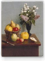 Schilderij - Stilleven met bloemen en fruit - Henri Fantin-Latour - 19,5 x 26 cm - Niet van echt te onderscheiden handgelakt schilderijtje op hout - Mooier dan een print op canvas.