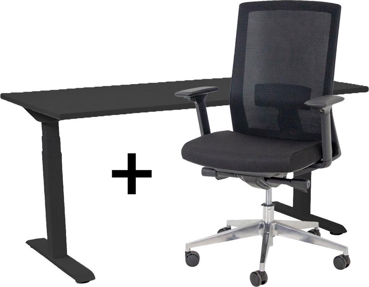 Zit-sta bureau elektrisch verstelbaar + ERGO Bureaustoel | NEN-EN 527 PRO Thuiswerkset | frame bureau zwart - bureaublad zwart | 140x80 cm