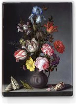Schilderij - Bloemen in een vaas met schelpen en Krekel - Balthasar van der Ast - 19,5 x 26 cm - Niet van echt te onderscheiden handgelakt schilderijtje op hout - Mooier dan een print op canvas.