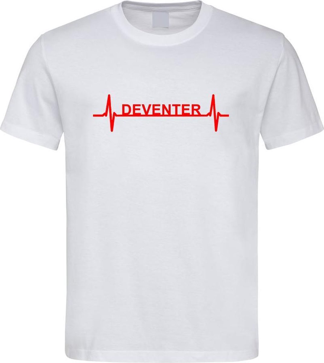 Wit T-Shirt met “ Deventer hartslag “ print Rood Size M