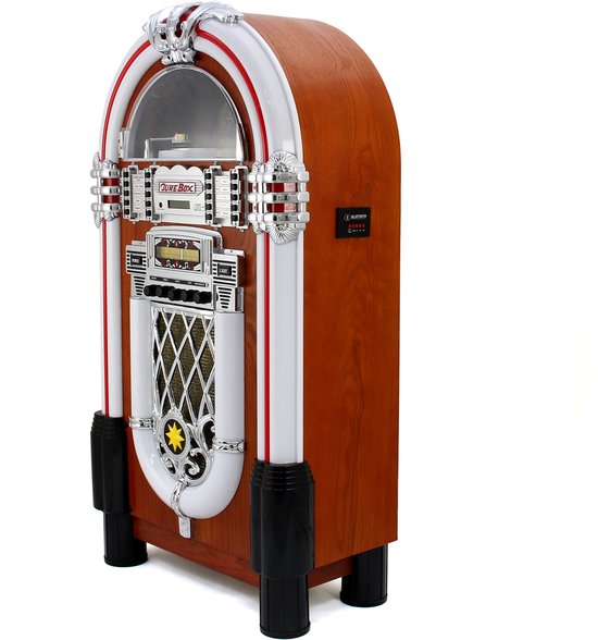 Jukebox in retrostijl met houten kast, witte en rode biezen en chromen details.