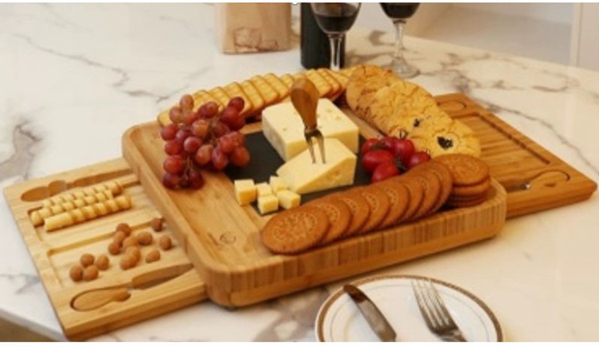 Kaasplank - Bamboe hout - met 2 Lades & 4x Kaas messen — cadeau in Kookcadeaus - foto 3