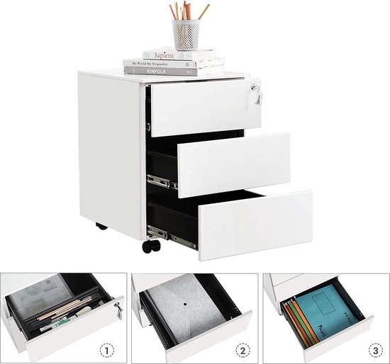 SONGMICS Roll conteneur, classeur mobile, verrouillable, avec 3 tiroirs, rangement pour fichiers, fournitures de bureau, pré-assemblé, bureau, bureau à domicile, 39 x 45 x 55 cm (L x l x H), blanc OFC63WT