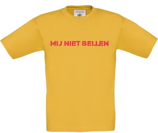 T-shirt voor kinderen met opdruk “Mij niet roepen” (kinder variant op Mij niet bellen) | Chateau Meiland | Martien Meiland | Goud geel T-shirt met rode opdruk. | Herojodeals