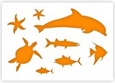QBIX Zeedieren Sjabloon - A3 Formaat - Kunststof - Vis, Dolfijn, Schildpad, Zeester Stencil