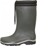 Zijzicht van een groene Dunlop laars met zwarte voering en profielzool.
