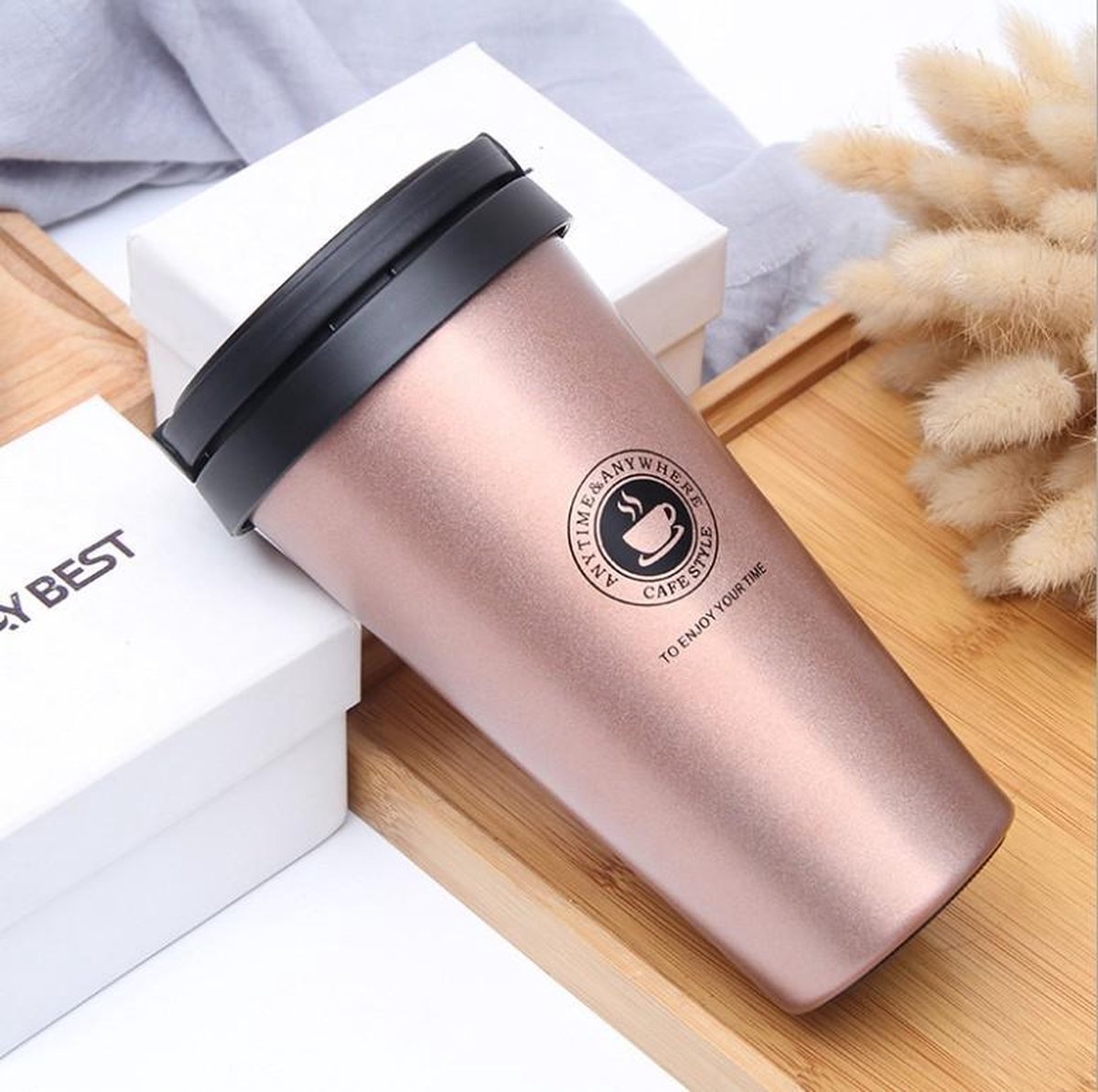 Koffiebeker to go RoFe– Rose Goud - Thermosbeker – Thermosfles – 500ml – Reisbeker - Verschillende kleuren beschikbaar