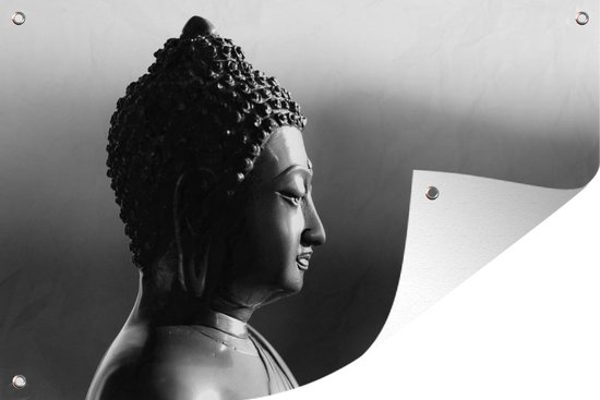 Tuindecoratie Boeddha beeld fotoprint - zwart wit - 60x40 cm - Tuinposter - Tuindoek - Buitenposter
