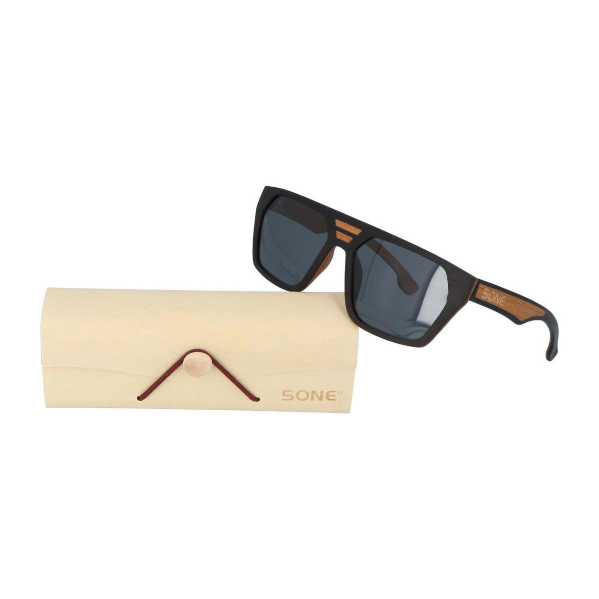 5one® Perugia Pilot 2.0 - Ebony/teak houten zonnebril met grijze lens