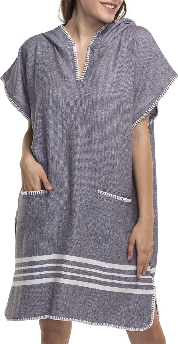 Strandponcho Sultan Dark Grey - S/M - saunaponcho - damesponcho - S/M - dames poncho - poncho volwassen - poncho met capuchon