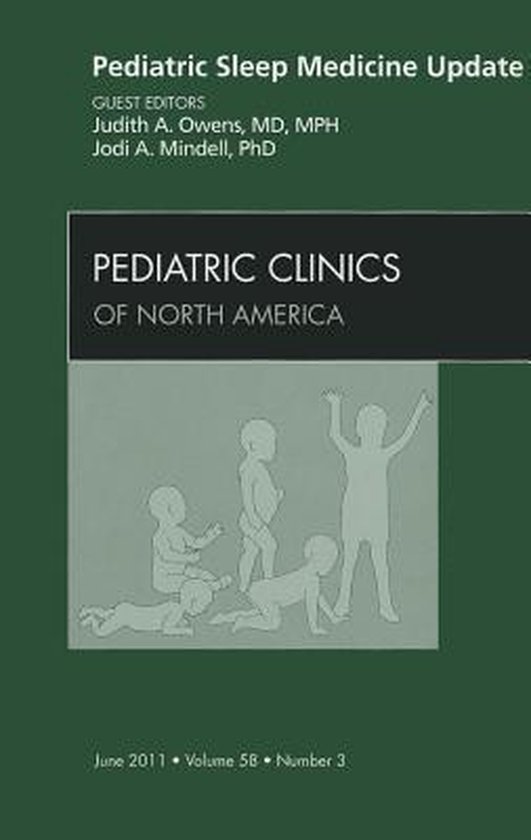 Groene kaft van 'Pediatric Sleep Medicine Update' met lijntekeningen van kinderen en titelinformatie.