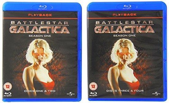 Battlestar Galactica Season One Blu-ray box met Kara Thrace op de voorkant.
