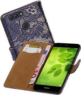 Lace Bookstyle Wallet Case Hoesjes Geschikt voor Huawei Nova 2 Plus Blauw