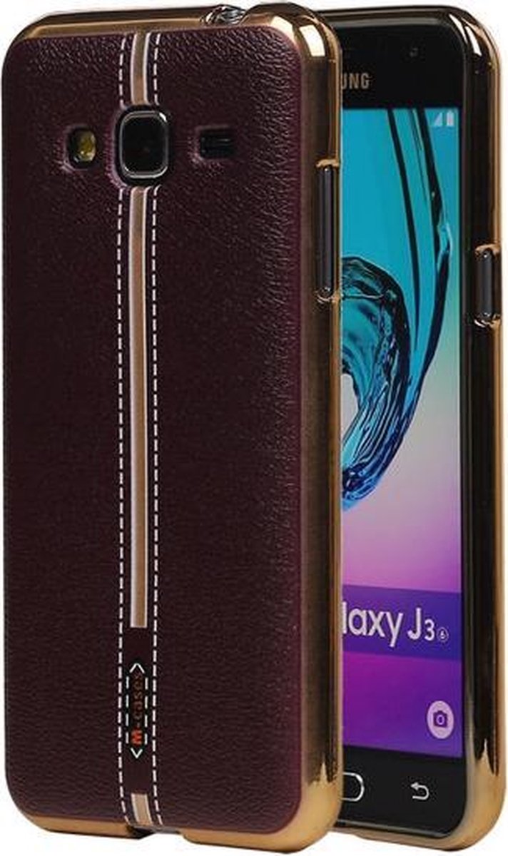 M-Cases Bruin Leder Design TPU back case hoesje voor Samsung Galaxy J3 2016