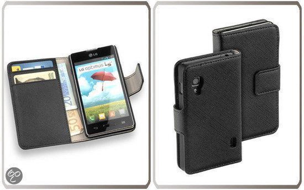 LELYCASE Bookstyle Wallet Case Flip Cover Bescherm Hoesje LG Optimus L5 ll Zwart