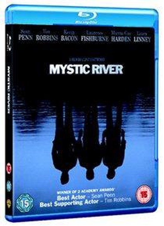 Hoek van de Mystic River Blu-ray hoes met silhouetten van drie mannen in water.