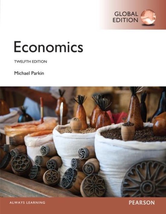 Boek "Economics Global Edition" door Michael Parkin, twaalfde editie. Op de cover staan zakken met kruiden en koffiebonen, met houten stempels ervoor.