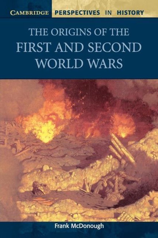 Boek 'The Origins of the First and Second World Wars' met afbeelding van een oorlogslandschap met vlammen.