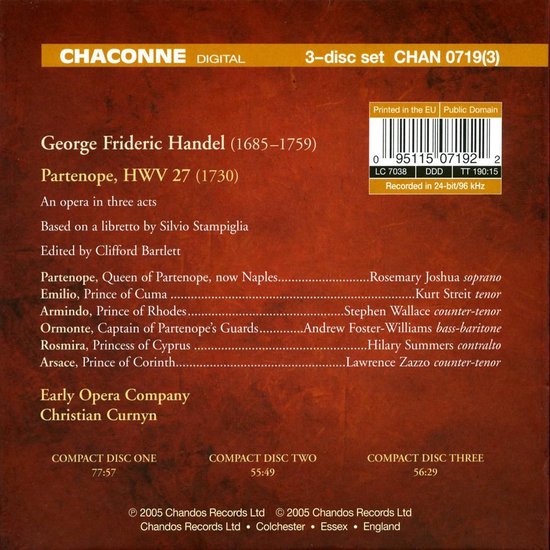 Binnenkant van de albumhoes met bruine textuur. Bovenin de titel 'George Frideric Handel (1685-1759) Partenope, HWV 27 (1730)'. Daaronder de tracklist met uitvoerenden zoals 'Rosemary Joshua soprano' en 'Kurt Streit tenor'. Onderaan vermelding van 'Early Opera Company Christian Curnyn' en CD-informatie.