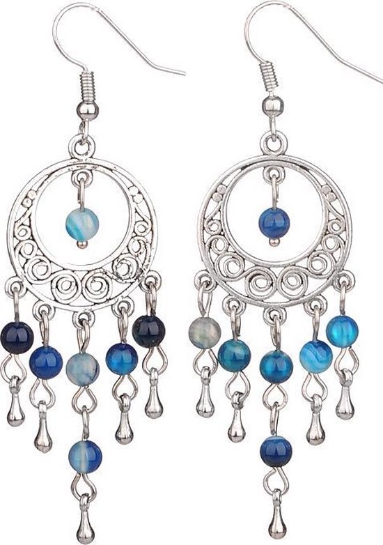 Edelstenen oorbellen Oriental Blue Agate - oorhanger - blauw - agaat - sterling zilver (925)