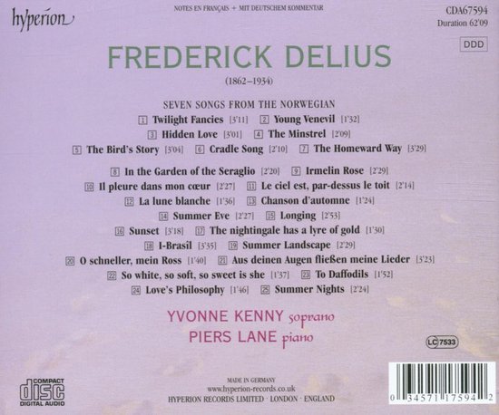 CD-hoes met titel 'Frederick Delius', tracklijsten, Yvonne Kenny sopraan, Piers Lane piano, Hyperion Records.