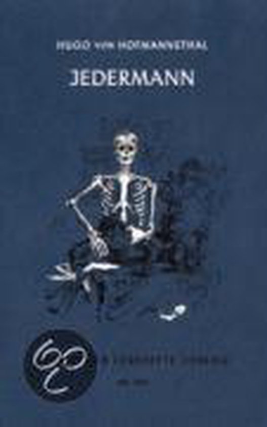 Boek "Jedermann" van Hugo von Hofmannsthal met een skelet op de kaft.