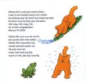 Een oranje kat Dikkie Dik glijdt van een groene helling en kijkt naar een sloot. Een andere Dikkie Dik staat blij op de oever. Een kikker kijkt toe.