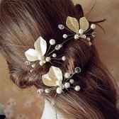 haarpin bruid/gala haarmode goudkleurige blaadjes en parels set van 3 pins