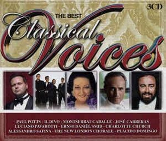 Albumhoes met de titel 'The Best Classical Voices' en foto's van beroemde zangers zoals Paul Potts, Montserrat Caballé en Luciano Pavarotti.