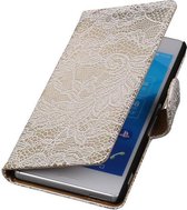 Lace Bookstyle Wallet Case Hoesjes voor Sony Xperia M4 Aqua Wit