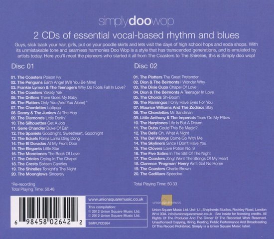 Boekje van de Simply Doo Wop CD-set met tracklijsten voor Disc 1 en Disc 2.