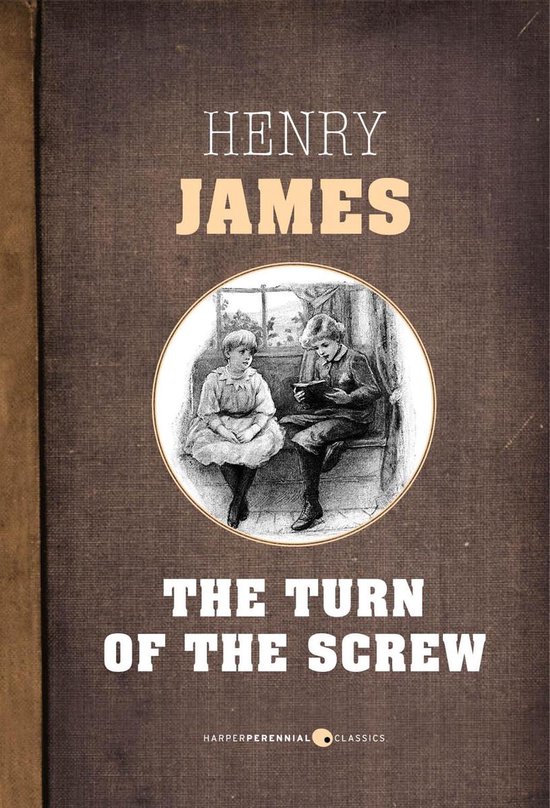De voorkant van het boek 'The Turn of the Screw' van Henry James. Een gravure van twee kinderen die bij een raam zitten.