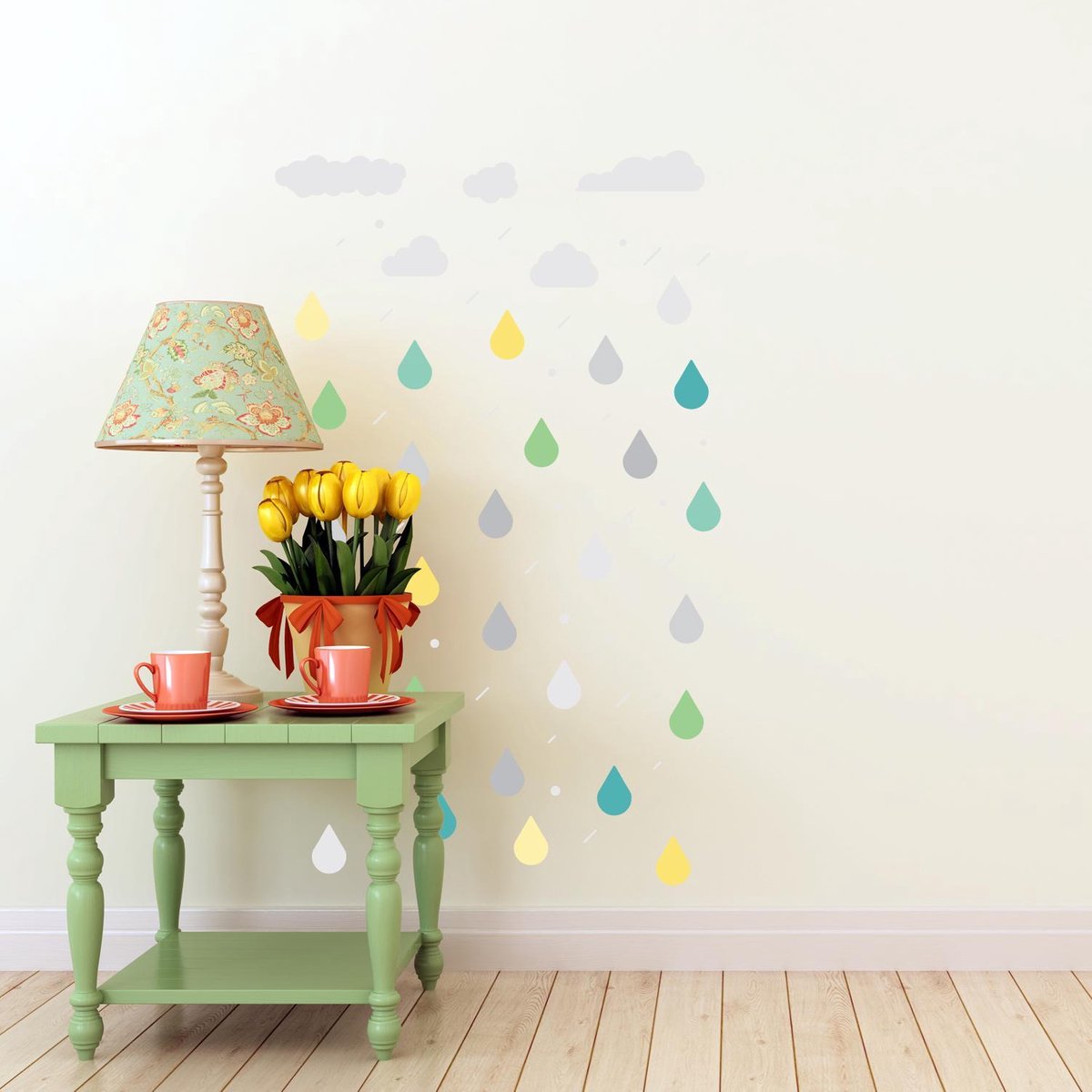 Walplus - Muursticker - Wolken & Regendruppels - Multicolor