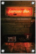Tuinposter –Bank met Tekst (Espresso Bar)– 40x60cm Foto op Tuinposter (wanddecoratie voor buiten en binnen)