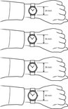 Illustratie van vier polsen met horloges in verschillende maten: 34 mm, 36 mm, 38 mm en 40 mm.