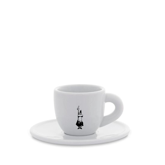 Wit porseleinen espressokopje met schotel, versierd met het iconische Bialetti Moka-figuur in zwart.