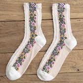 Harajuku sokken dames - Met kabel en bloemen design - Wit/roze - Granny socks