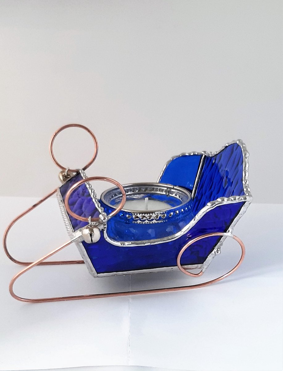 JEWELS DELIGHT Kerstmis Arrenslee Blauw Glas Tiffany Glaskunst Waxinelichtje Handgemaakt Uniek