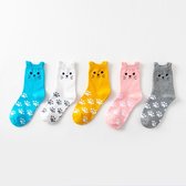 Sokken dames 5 paar - roze - blauw - wit - geel - grijs - leuke print kat (Maat 36-40) - mix / random