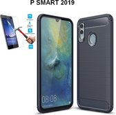 Huawei P Smart 2019 / Honor 10 Lite Carbone Brushed Tpu Blauw Cover Case Hoesje - 1 x Tempered Glass Screenprotector